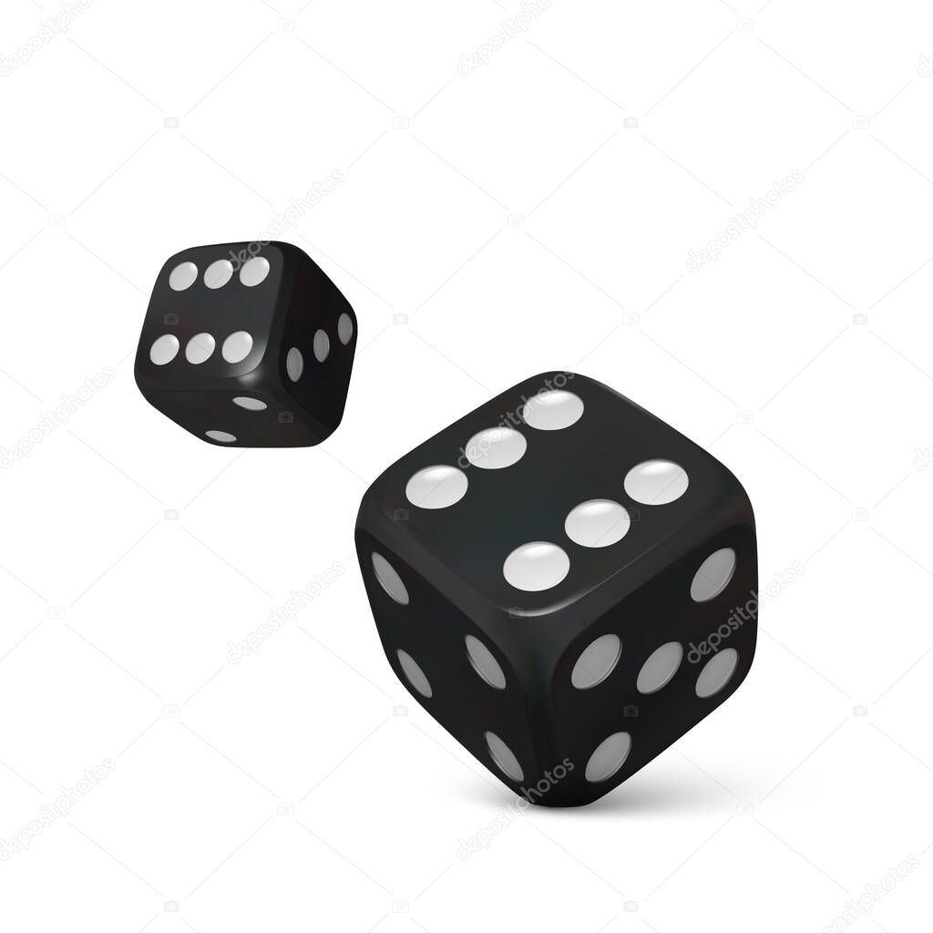 Roll black dice. Render realistic dices. Casino and betting background. Vector illustration