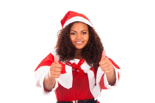 Donna di Natale che fa un gesto pollice in su contro un dorso bianco — Foto Stock
