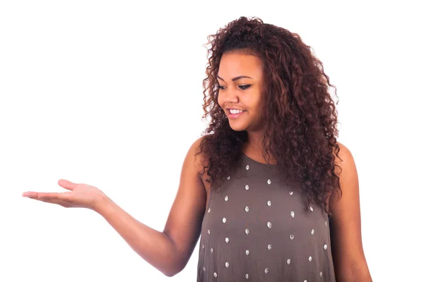 Happy Young Woman Isolated Presenting On White Background — Stock Photo, Image