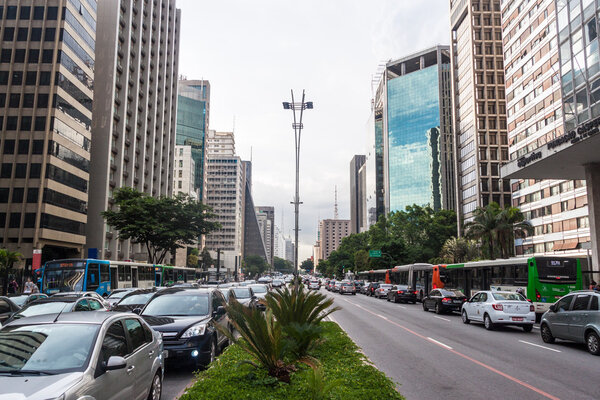SAO PAULO, BRAZIL - FEBRUARY 2, 2015: View of skyscrapers along Avenida Paulista in Sao Paulo, Brazil