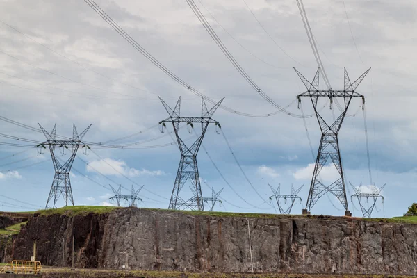 Power lines next to Itaipu dam on river Parana on the border of Brazil and Paraguay