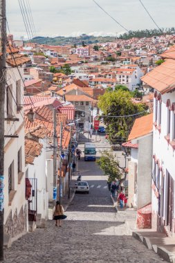 Sucre, Bolivya - 22 Nisan 2015: Sucre, Bolivya'nın başkenti beyaz sömürge evleri.