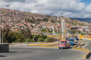 LA PAZ, BOLIVIA - APRIL 28, 2015: Traffic on Puentes Trillizos bridges in La Paz, Bolivia