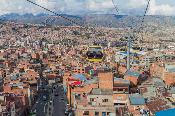 LA PAZ, BOLIVIA - APRIL 28, 2015: Aerial view of La Paz with Teleferico (Cable car)