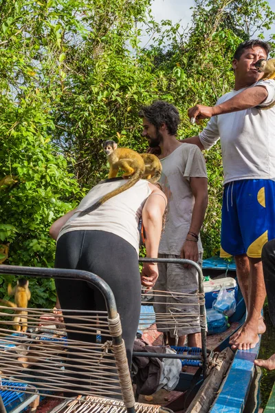 Yacuma ボリビアでのボート旅行中のリスザルと Yacuma ボリビア 2015 観光客プレイ — ストック写真