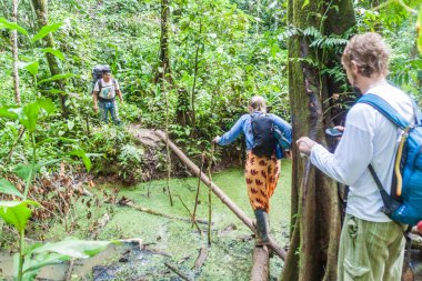 Madidi, Bolivya - 8 Mayıs 2105: Yerel tur rehberi ve turistler bir ormanda Madidi Milli Parkı, Bolivya'nın