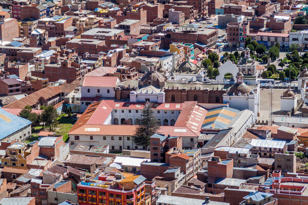 Aerial view of Copacabana town on the coast of Titicaca lake, Bolivia