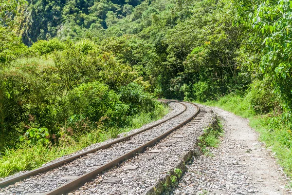 Demiryolu parça Urubamba Nehri Vadisi yakınındaki Aguas Calientes Köyü, Peru