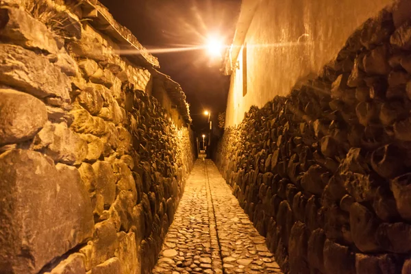 Night view of ancient streets of Ollantaytambo, Sacred Valley of Incas, Peru