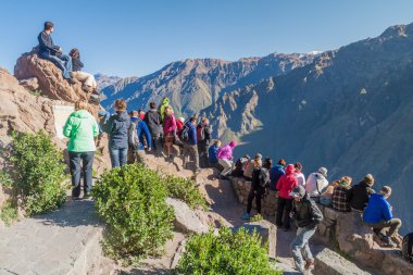 Cabanaconde, Peru - 27 Mayıs 2015: Tanımlanamayan turist Cruz Del Condor bakış açısı.