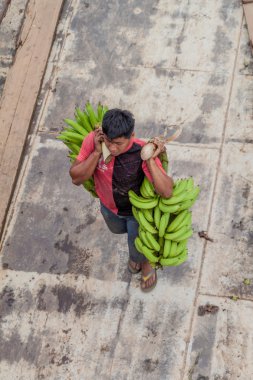 Napo, Peru - 14 Temmuz 2015: Kargo tekne mürettebatı taşımaları plantain tekne güverte, demet. Kargo tekne nehir Napo plies Arabela.
