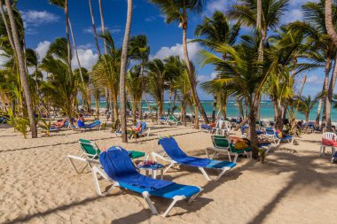 PUNTA CANA, DOMINICAN Cumhuriyet - 8 Aralık 2018: Palms at Bavaro Beach, Dominik Cumhuriyeti