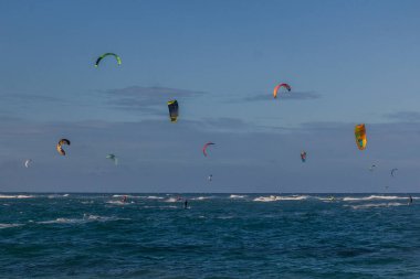 CABARETE, DOMINICAN Cumhuriyet - 14 Aralık 2018: Cabarete sahilinde uçurtma sörfü, Dominik Cumhuriyeti