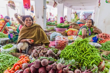 CHANGARH, Hindistan - 15 Şubat 2017: Chittorgarh, Rajasthan Eyaleti, Hindistan 'daki meyve ve sebze pazarının manzarası