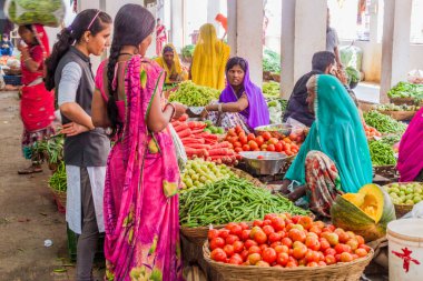 CHthe ORGARH, Hindistan - 15 Şubat 2017: Chittorgarh, Rajasthan Eyaleti, Hindistan 'daki meyve ve sebze pazarındaki kadınlar