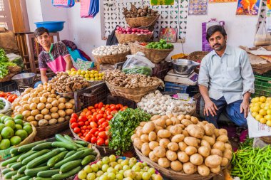 CHANGARH, Hindistan - 15 Şubat 2017: Chittorgarh, Rajasthan Eyaleti, Hindistan 'daki meyve ve sebze pazarının manzarası