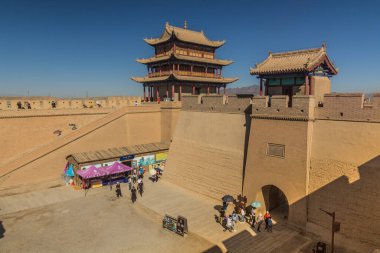 JIAYUGUAN, Çin - 22 Ağustos 2018: Jiayuguan Kalesi, Gansu Eyaleti, Çin