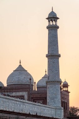Hindistan, Agra 'da gün batımında Taj Mahal' in minaresi