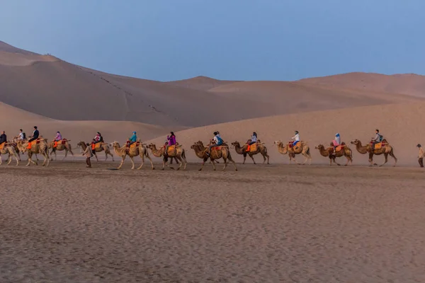 Dunhuang Čína Srpna 2018 Velbloudí Safari Zpívající Písečné Duně Dunhuangu — Stock fotografie