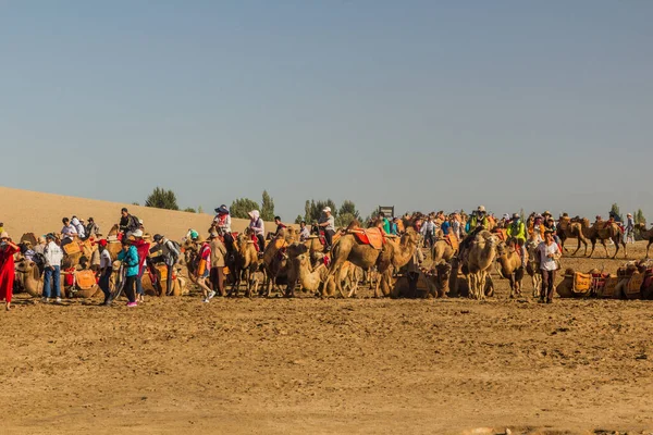 Dunhuang Chiny Sierpień 2018 Turyści Jeżdżą Wielbłądach Singing Sands Dune — Zdjęcie stockowe