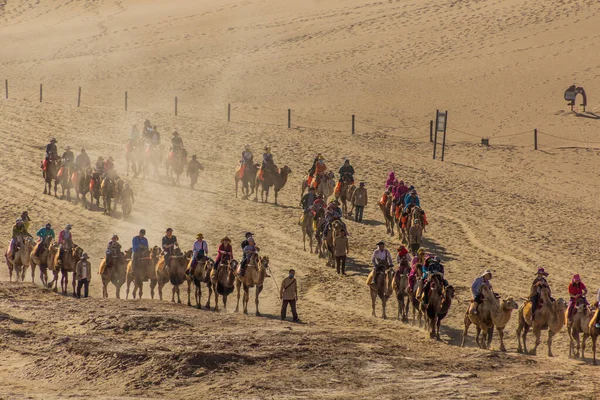 Dunhuang Čína Srpna 2018 Turisté Jezdí Velbloudech Zpívající Písečné Duně — Stock fotografie