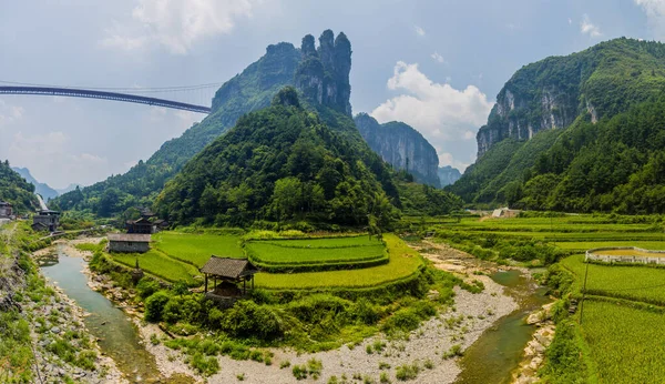  Hunan, Çin 'deki Aizhai asma köprüsü ve pirinç tarlaları