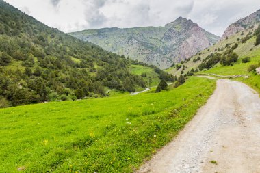 Urech Vadisi 'ndeki yol Fann dağları yakınlarındaki Artush köyü, Tacikistan