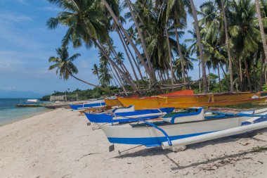 Filipinler, Siquijor Adası 'ndaki Paliton Sahili' nde palmiye ve tekneler..