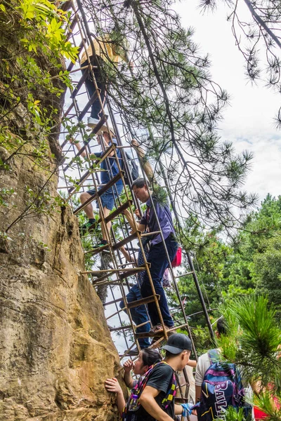 Wulingyuan Kina August 2018 Turister Klättra Stege Som Leder Till — Stockfoto