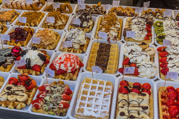 Various types of waffles for sale in Brussels, Belgium