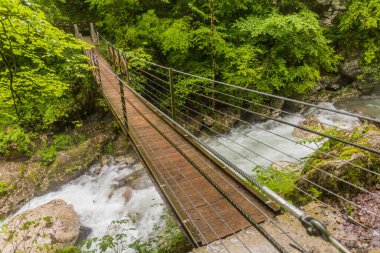 Tolmin Boğazı 'nda asılı köprü (Tolminska Korita), Slovenya