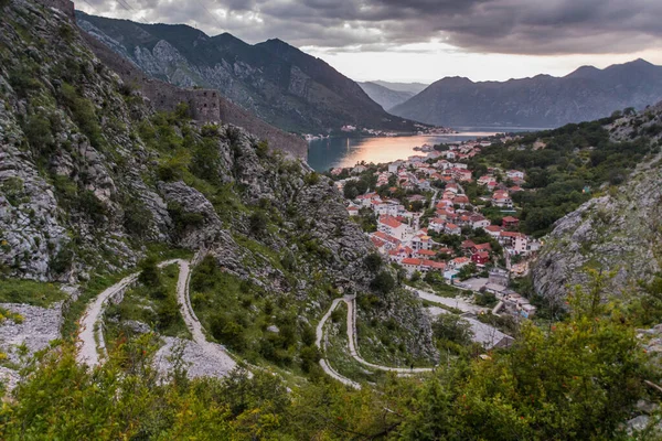 Zachód Słońca Widok Lotu Ptaka Tabacina Dzielnicy Kotor Zatoki Kotor — Zdjęcie stockowe