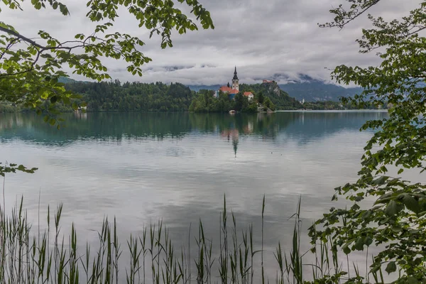 Vista Lago Bled Com Igreja Peregrinação Assunção Maria Castelo Bled — Fotografia de Stock