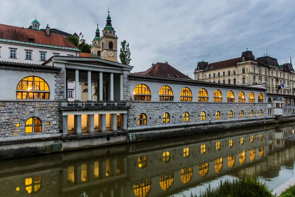 Plecnik Arkádová Budova Trhu Reflektující Řece Lubljanici Lublani Slovinsko — Stock fotografie