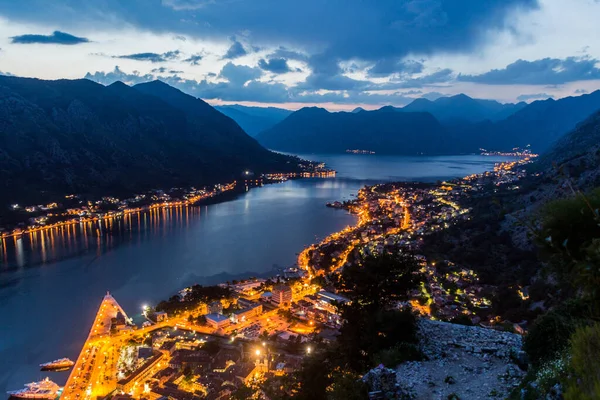 Pemandangan Udara Matahari Terbenam Kotor Dan Teluk Kotor Montenegro — Stok Foto