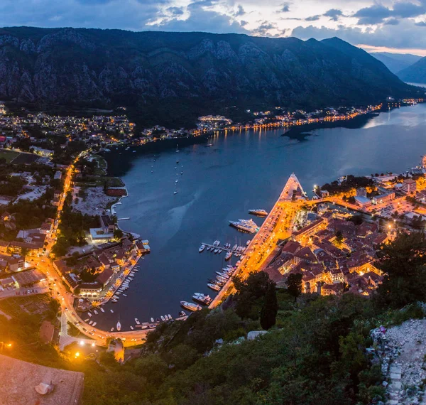 Pemandangan Udara Matahari Terbenam Kotor Dan Teluk Kotor Montenegro — Stok Foto