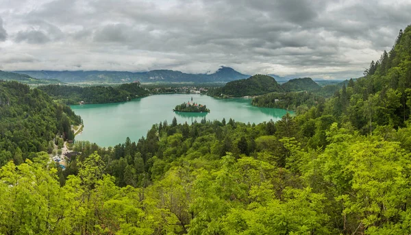 Aerial View Bled Lake Pilgrimage Church Assumption Maria Slovenia — Stock Photo, Image