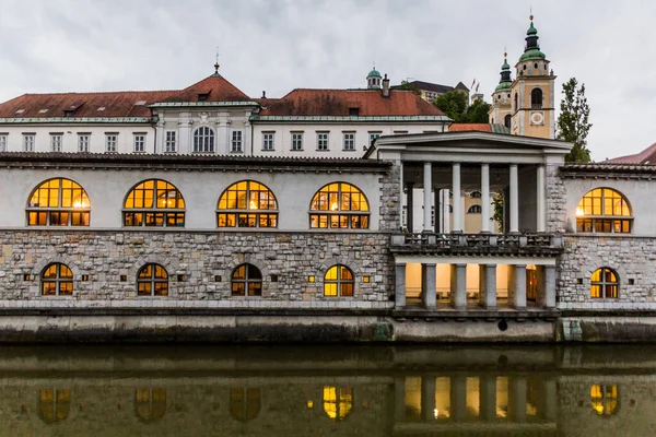 Plecnik Arkádová Budova Trhu Reflektující Řece Lubljanici Lublani Slovinsko — Stock fotografie
