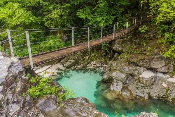 Hangende Brug Rivier Soca Bij Het Dorp Bovec Slovenië — Stockfoto