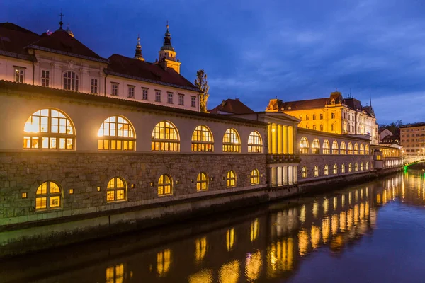 スロベニアのリュブリャナにあるプレクニクアーケード市場ビルとリュブリャナ川 — ストック写真