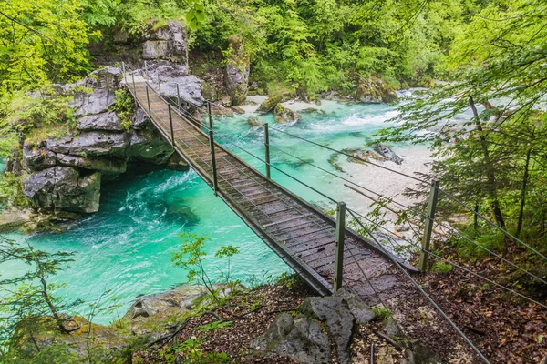 Hanging Bridge Soca River Bovec Village Slovenia — Stock Photo, Image