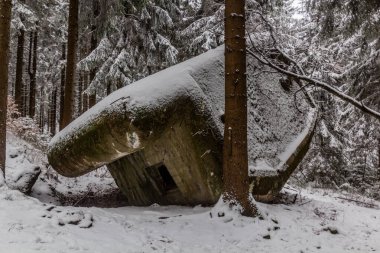 2. Dünya Savaşı 'ndan kalma hasarlı beton ilaç kutusunun kış manzarası, Çek Cumhuriyeti