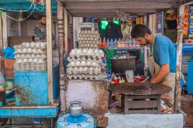 UDAIPUR, Hindistan - 11 Şubat 2017: Udaipur, Rajasthan Eyaleti, Hindistan 'daki Yumurta Dünyası gıda tezgahı