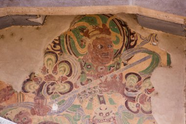 DUNHUANG, ÇİN - 20 Ağustos 2018: Dunhuang, Gansu Eyaleti yakınlarındaki Mogao Grottoes 'taki Budist duvar resmi
