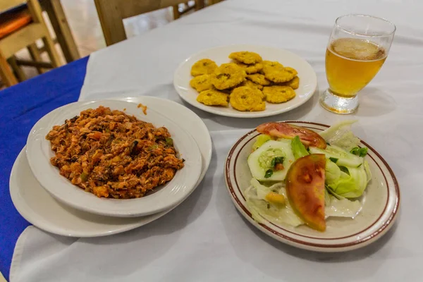 Fish Scrambled Eggs Salad Tostones Fried Plantains Beer Dominican Republic — Stock Photo, Image