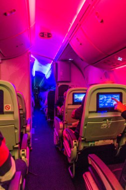 PUERTO Plata, DOMINICAN Cumhuriyet - 17 ARALIK 2018: Boeing 787 Dreamliner uçağının içi.