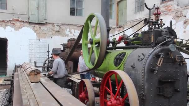 Portable steam engine powering the saw mill — Stock Video