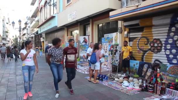 Souvenir butik med målningar på gågatan El Conde i Santo Domingo — Stockvideo