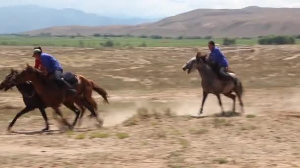 ISSYK KUL, KYRGYZSTAN - 15 июля 2018 года: Игроки кок-бору, традиционной конной игры, на этнофестивале Teskey Jeek на берегу озера Иссык-Куль в Кыргызстане Стоковое Видео