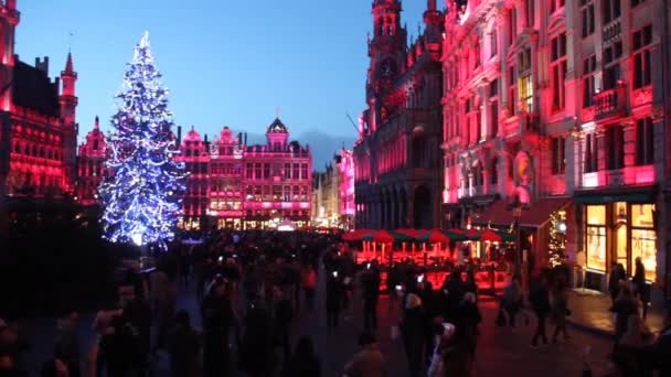 BRUXELLES, BELGIQUE - 17 DÉCEMBRE 2018 : Vue en soirée de la Grand Place Grote Markt avec un sapin de Noël et des bâtiments illuminés à Bruxelles Vidéo De Stock Libre De Droits